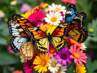 Fototapeta premium Delicate butterflies with shimmering butterfly scales rest on a vibrant bouquet of flowers