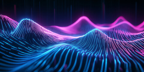 A cybernetic 3D music background displaying an intricate, glowing neon waveform stretching across an infinite void. The dynamic pulses of sound energy form an abstract representation of digital rhythm