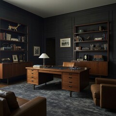 Elegant Home Office Interior with Wooden Desk and Bookshelves Setting