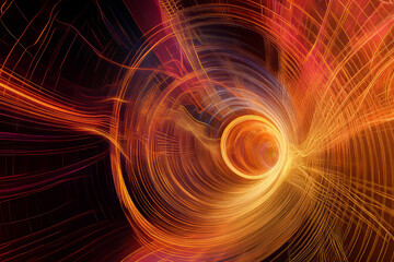A dynamic 3D abstract background displaying a mesmerizing fractal tunnel made of pulsating neon lines. The intricate digital pattern leads into an infinite vortex, evoking a futuristic sci-fi sense of