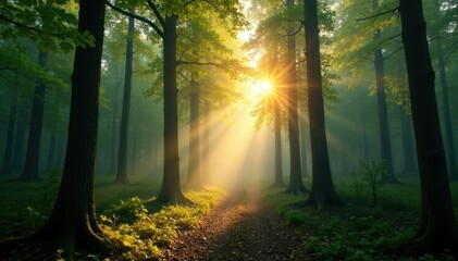 Obraz premium Morning light filtering through a forest canopy, trees, morning in the forest, tree tops