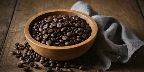 Fototapeta premium Aromatic Roasted Coffee Beans in Wooden Bowl Rustic Still Life
