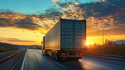 Obraz premium A modern cargo truck transporting a massive shipping container on a