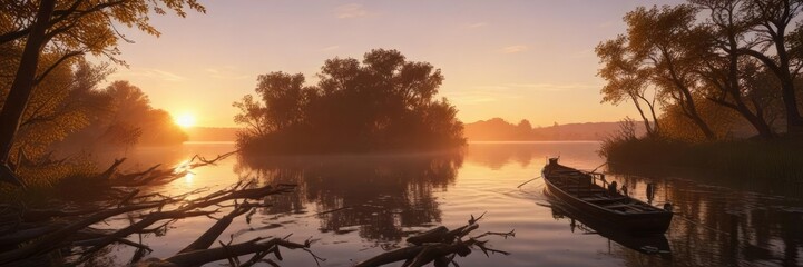 Obraz premium Un bateau de barque en train de traverser un fleuve au coucher du soleil avec des branches, eau calme, lumi?re