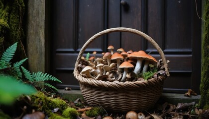 A wicker basket filled with various types of wild mushrooms sits outdoors near a rustic wooden door