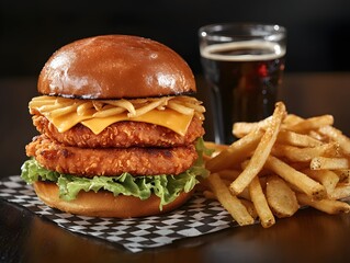 Chicken cutlet burger with cheese and fries on a checkered paper napkin, a glass of soda in the background, on a dark wooden table, Generative AI