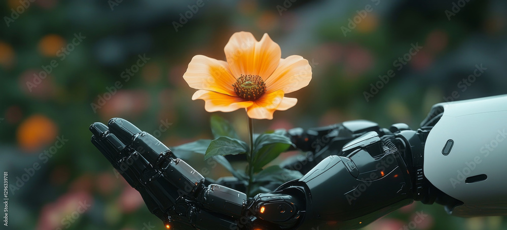 Aufkleber in a tranquil setting, a humanoid robot delicately grasps a blooming flower, representing the connec