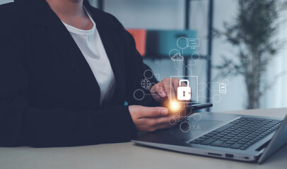 Cybersecurity and privacy concepts to protect data. Lock icon and internet network security...