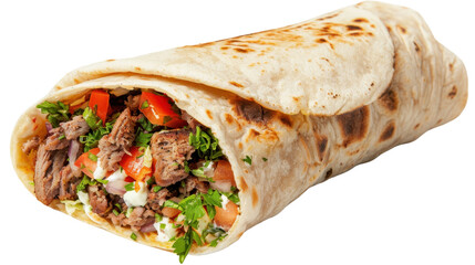 Delicious shawarma wrap with grilled meat, vegetables, and sauce on transparent background