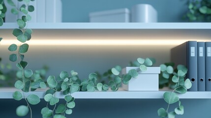 Office shelf, plants, books, soft light, minimalist, background