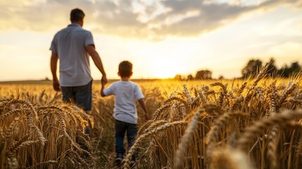 An image depicts a father and son walking hand in hand through a golden wheat field as the sun sets, representing family cohesion, comfort, and shared moments in nature