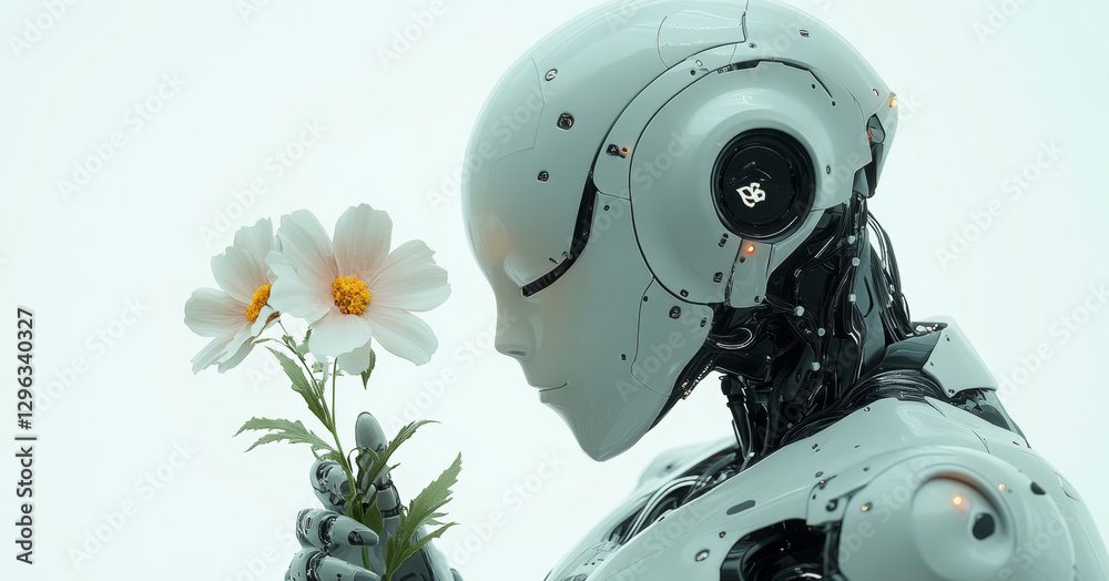 Aufkleber a futuristic humanoid robot gently holds a flower, representing harmony between technology and natur