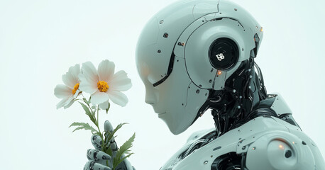 Fototapeta premium A futuristic humanoid robot gently holds a flower, representing harmony between technology and nature, conveying a peaceful message in a serene environment.