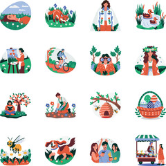 Set of 16 Flat Style Spring Illustrations

