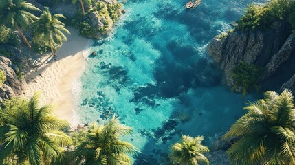 Fototapeta premium A breathtaking tropical lagoon with clear blue water, surrounded by a pristine sandy Palm Beach, ideal for a summer getaway banner.