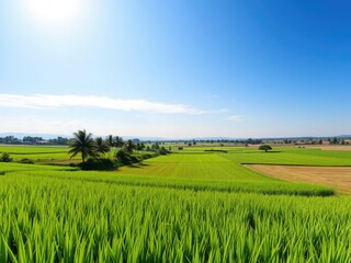 Vibrant green rice field stretching under a clear blue sky, sunny, blue sky