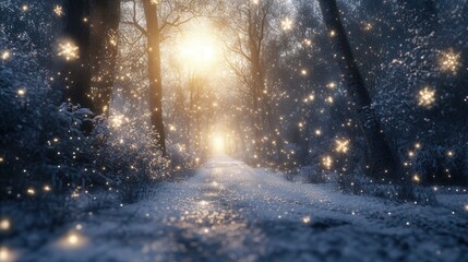 Naklejka premium A breathtaking winter snow background featuring glowing light that reflects off the frosty snow, with snowflakes drifting down like glittering stars.