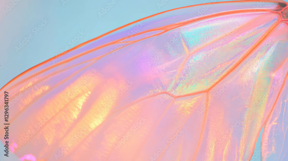 Poster iridescent butterfly wing close-up with colorful texture for design