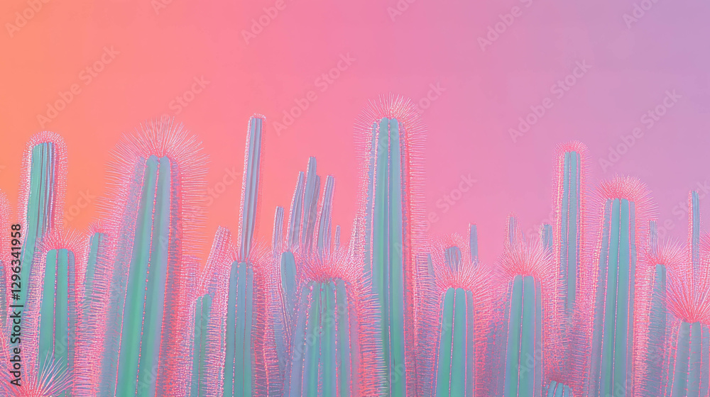 Poster vibrant cactus spines texture against sunset gradient background for design