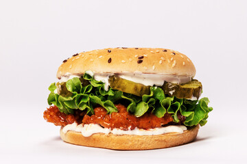 Fried Chicken Sandwich with Hot Sauce and Pickles on white background