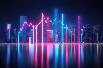 Fototapeta premium A vibrant city skyline illuminated by neon lights, featuring a digital graph displaying fluctuating data trends against a dark backdrop.