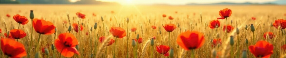 Obraz premium Vines of red poppy flowers intertwined with golden barley, flower fields, landscape, wheat