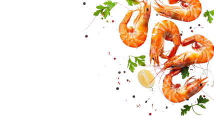 Cooked shrimps falling with spices, parsley and lemon on transparent background