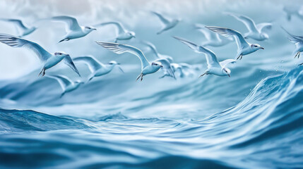 Seagulls flying over ocean waves