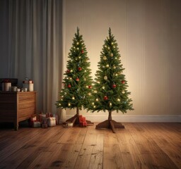 Fototapeta premium Vintage Christmas tree set up on a wooden floor with glowing lights, winter, background., shiny, holiday