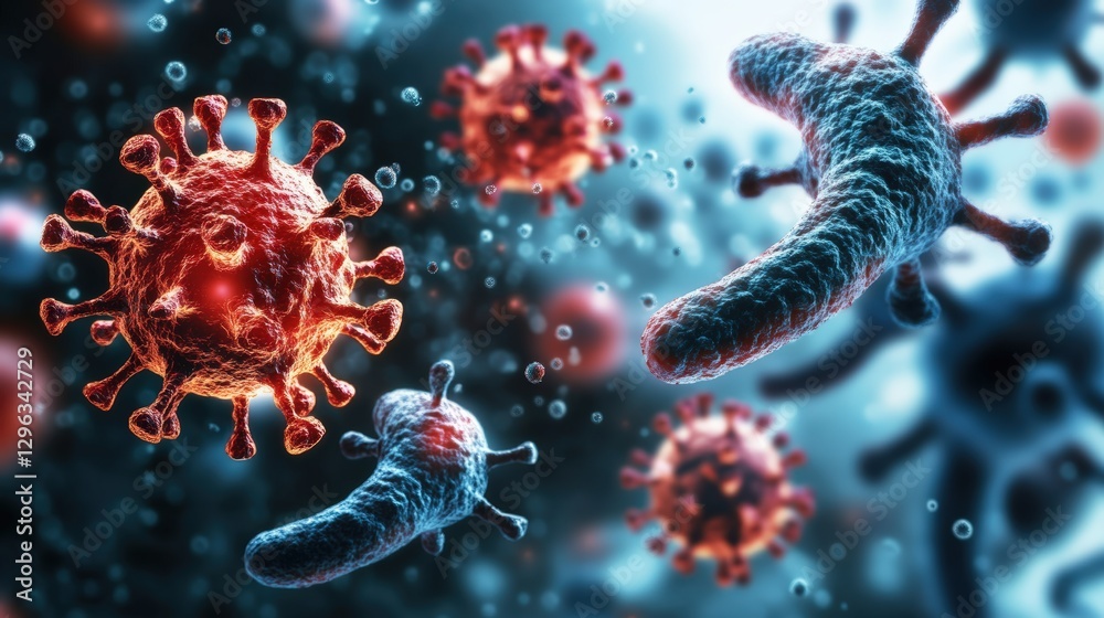 Poster group of various viruses in a microscopic view with detailed structures and features
