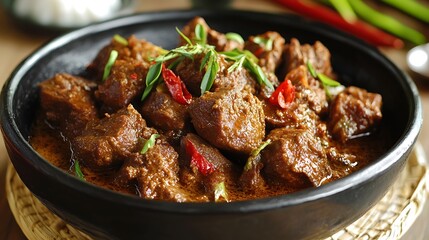 Delicious Spicy Beef Stew in a Dark Bowl