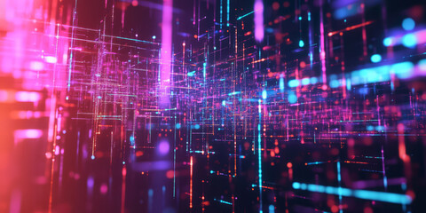 Fototapeta premium A high-tech abstract background featuring pixelated holographic distortions and neon-glitched patterns. The smooth transitions and glowing reflections enhance the modern digital aesthetic.