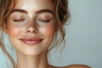 Fototapeta premium Smile, eyes closed and skincare of mature woman in studio for glow, results or beauty on gray background