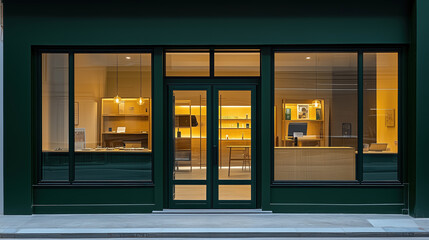 Mockup storefront, shop facade and window. Template for storefront window, classic boutique design. Empty window, retail front, store facade, traditional storefront style. Realistic style photo