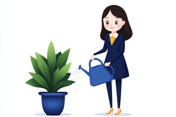 a 2D cartoon illustration of a person watering houseplants, caring and green, white background