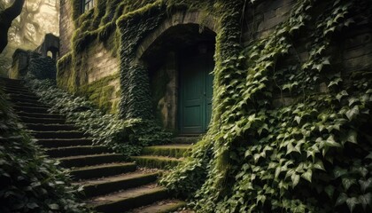 Fototapeta premium Mysterious Green Doorway Stone Steps Overgrown with Lush Ivy and Moss