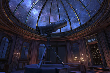 A celestial observatory-style 3D background room with a massive domed glass ceiling revealing the night sky. A large telescope and glowing star maps enhance the feeling of cosmic wonder.