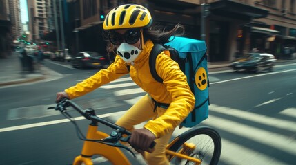 A woman in a yellow jacket and helmet rides a yellow bicycle with a blue backpack.
