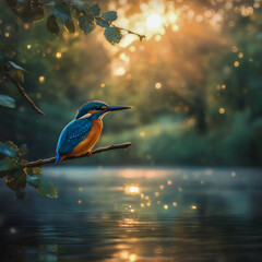Naklejka premium Kingfisher perched on a branch by a tranquil river at sunset, surrounded by soft golden light and sparkling reflections on the water