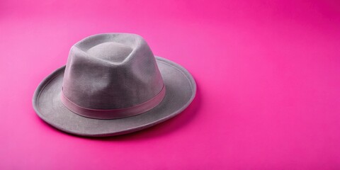 Stylish Gray Fedora Hat on Vibrant Pink Background, Perfect for Fashion or Accessory Designs