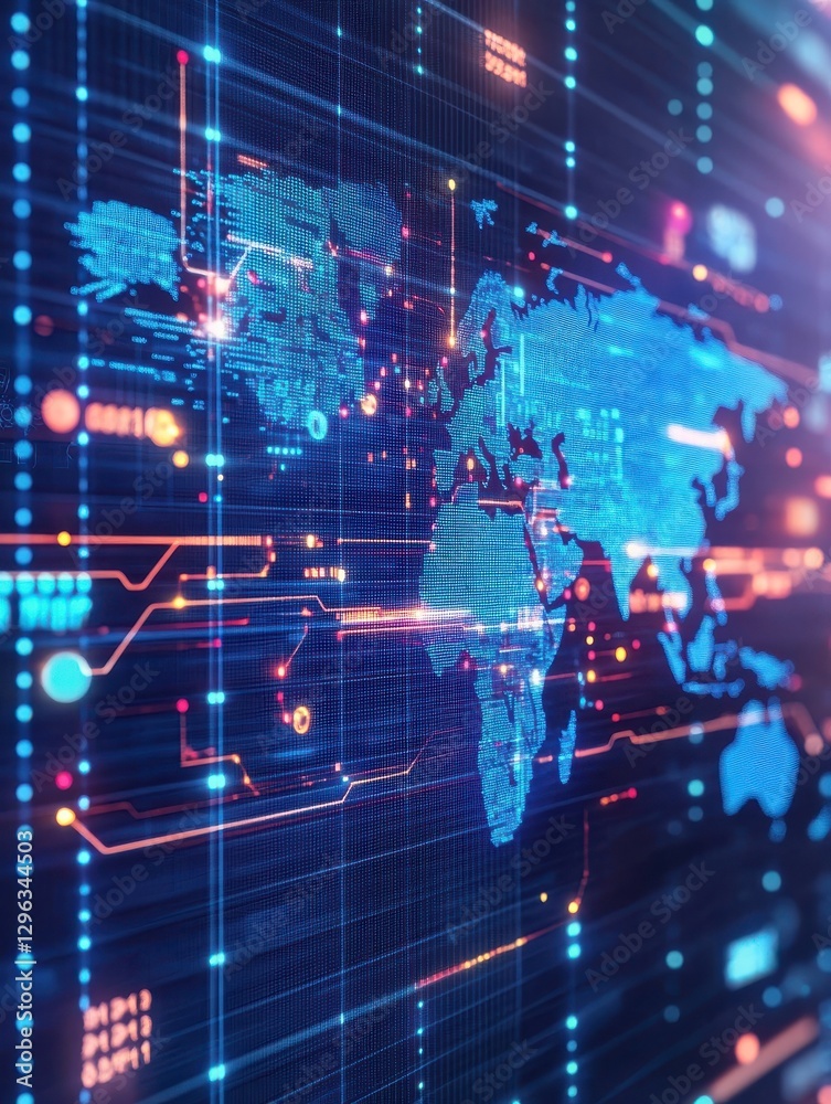 Poster blockchain technology futuristic hud background with world map and blockchain peer to peer network. 