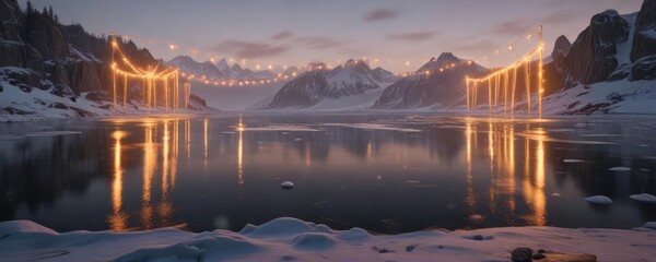 Naklejka premium Warm golden string lights illuminate frozen lake, turquoise ornaments, festive atmosphere, silver