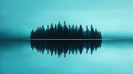 Obraz premium A serene island scene with dark trees reflecting on calm, turquoise water under a misty sky.