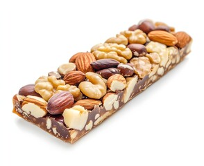 Fototapeta premium Close-up of a single candy bar with caramel and nuts, isolated on a white background, Generative AI