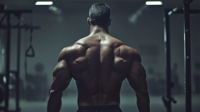 Sculpted Back Muscles: A rear view of a muscular man showcasing his highly defined back muscles in a gym setting. The image emphasizes the results of intense training and dedication.