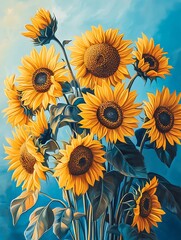 Obraz premium A vibrant sunflower in full bloom, its golden petals radiating outward with intricate details visible on each petal and the textured center