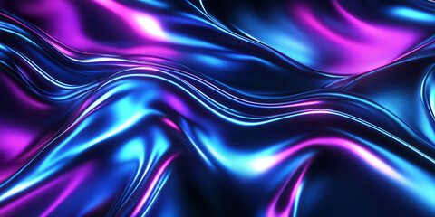 Fototapeta premium A dynamic 3D abstract background featuring a wave of metallic energy, glowing with pulsating neon blue and purple light. The seamless transitions and reflective surfaces enhance the futuristic appeal.