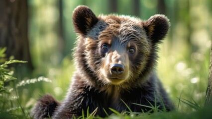 Fototapeta premium A young bear cub sits in a lush, green forest, surrounded by tall grass and trees. The sunlight filters through the foliage, creating a serene atmosphere. The cub's curious and innocent expression