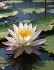 Water lily unfolding its petals slowly in the morning light, water garden, serene surroundings