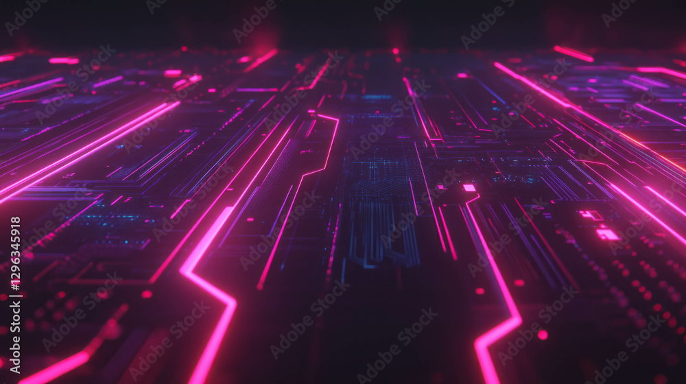 Poster glowing circuit board pattern with futuristic neon lights for technology design